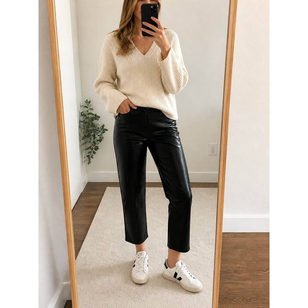 Wilfred Aritzia Melina Cropped Vegan Leather Pants Black High Rise Straight Sz 8